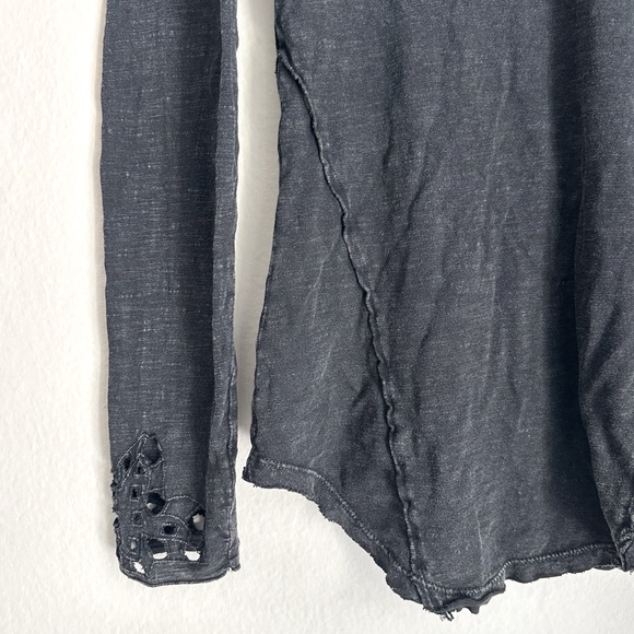 Free People Black Color Blue Luna Cutout Henley Long Sleeve Blouse Top - Picture 7 of 11